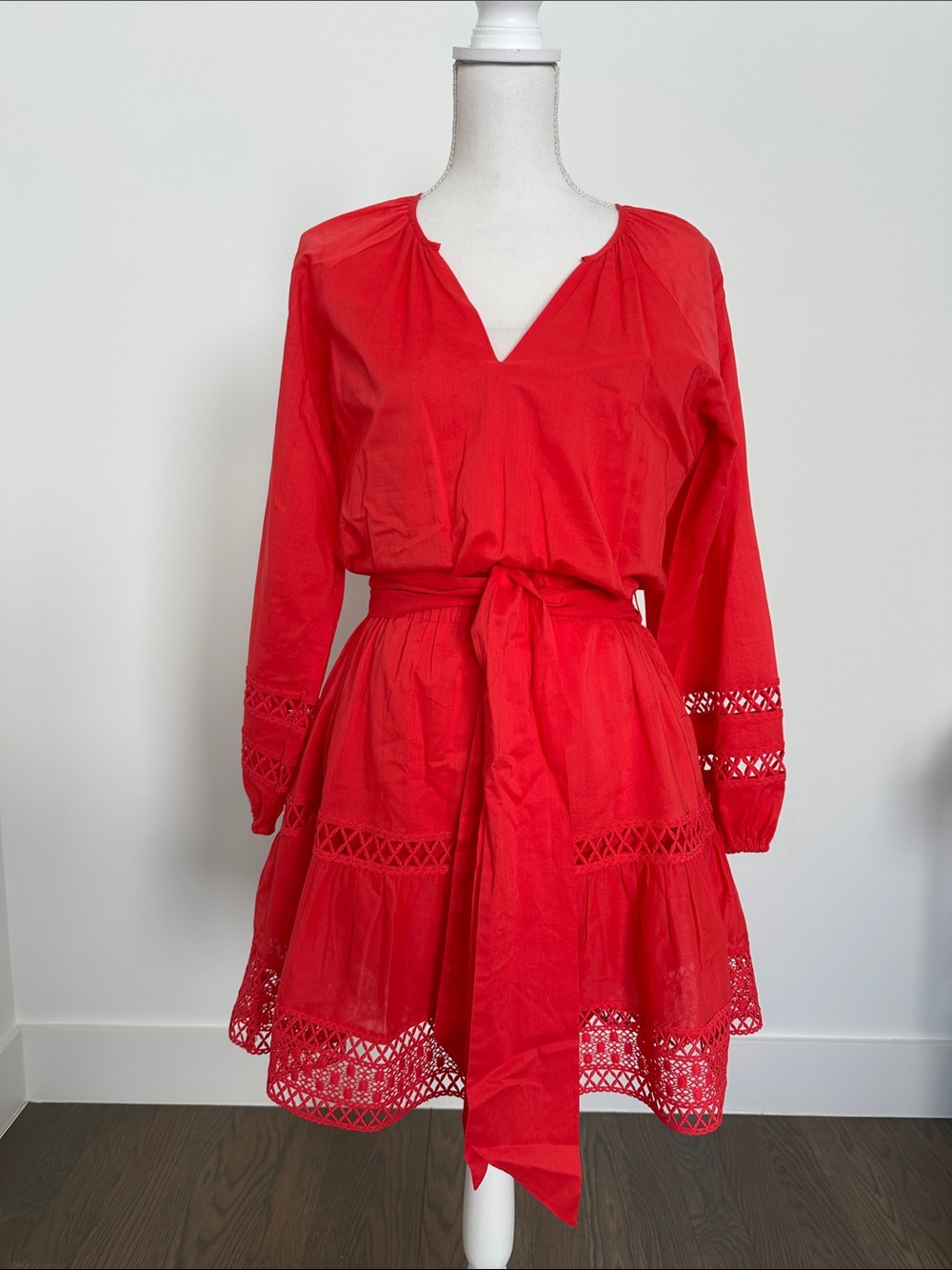 Evereve Red Lace-Insert Tie-Waist Mini Dress
